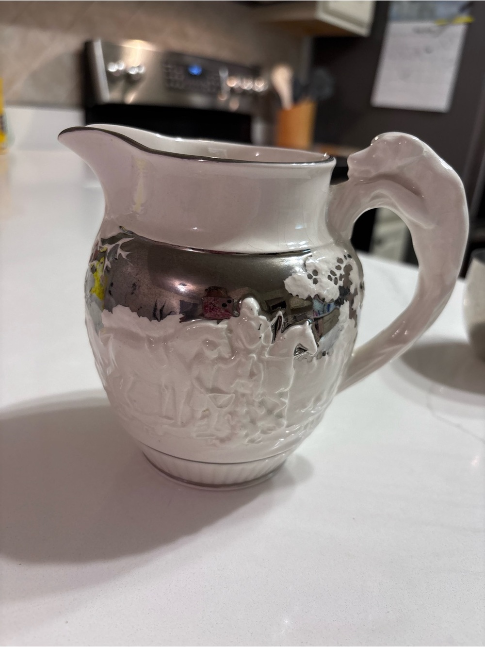 Vintage Wedgwood Eturia Barlaston Creamer Pitcher Ivory Silver Horse Hound Hunt